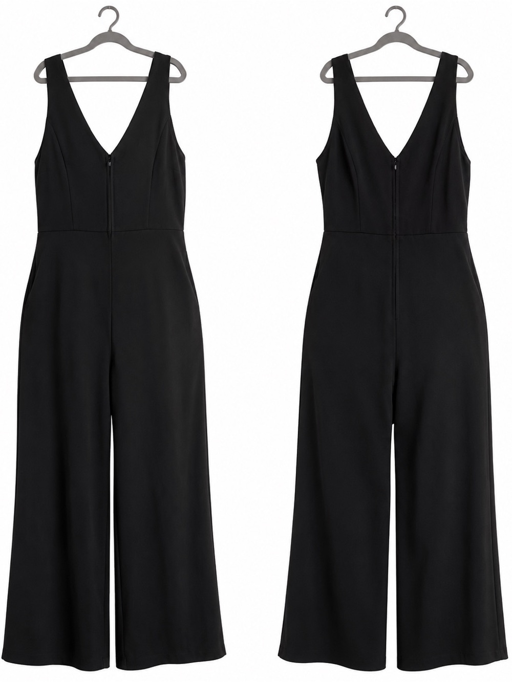 Womens Black V-Neck Wide-Leg Jumpsuit